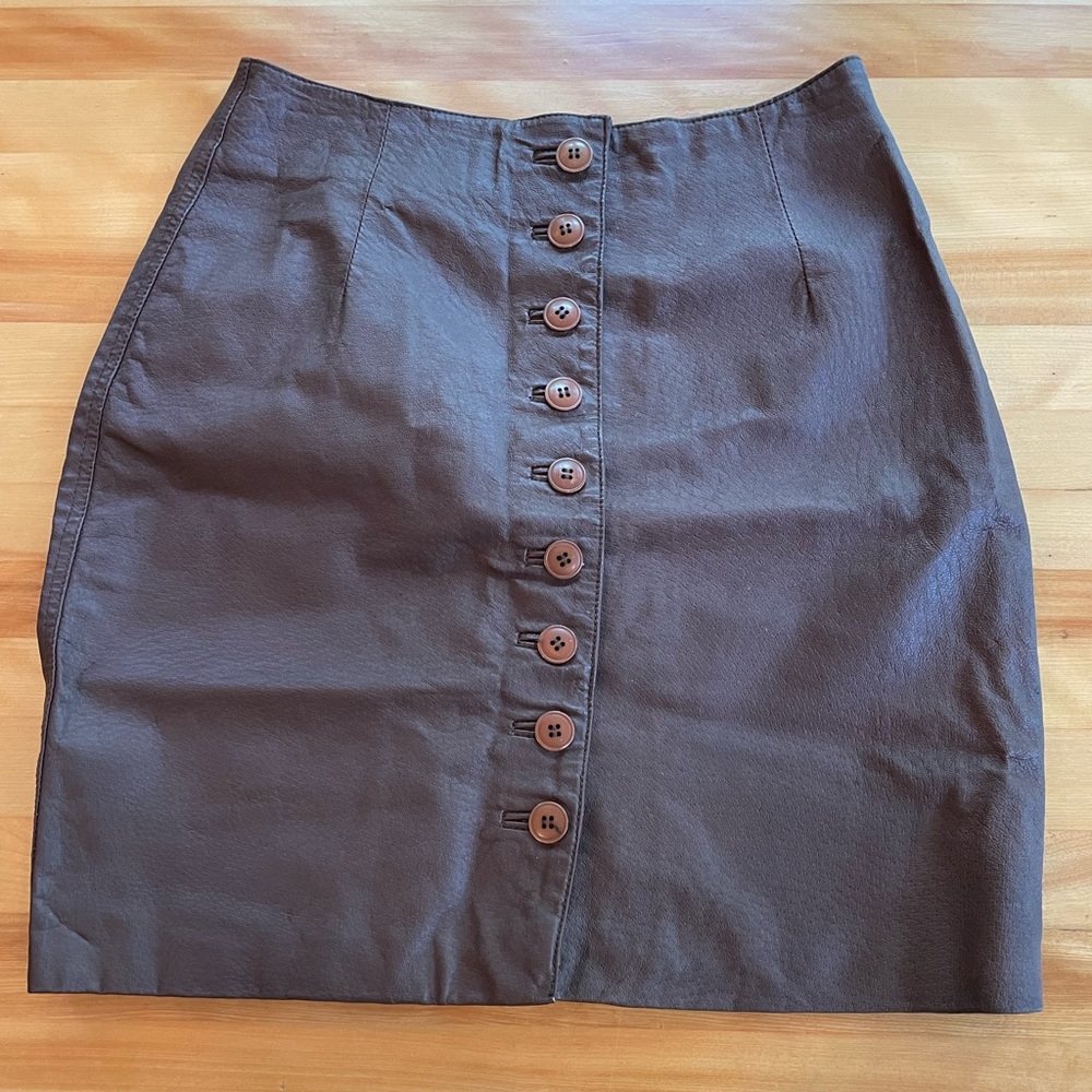 Vintage brown leather mini skirt with button front, Sz S, Newport News